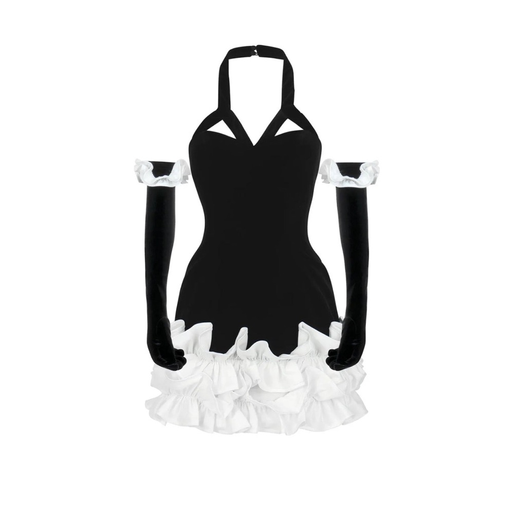 Black and White Halter Dress with Ruffle Hem